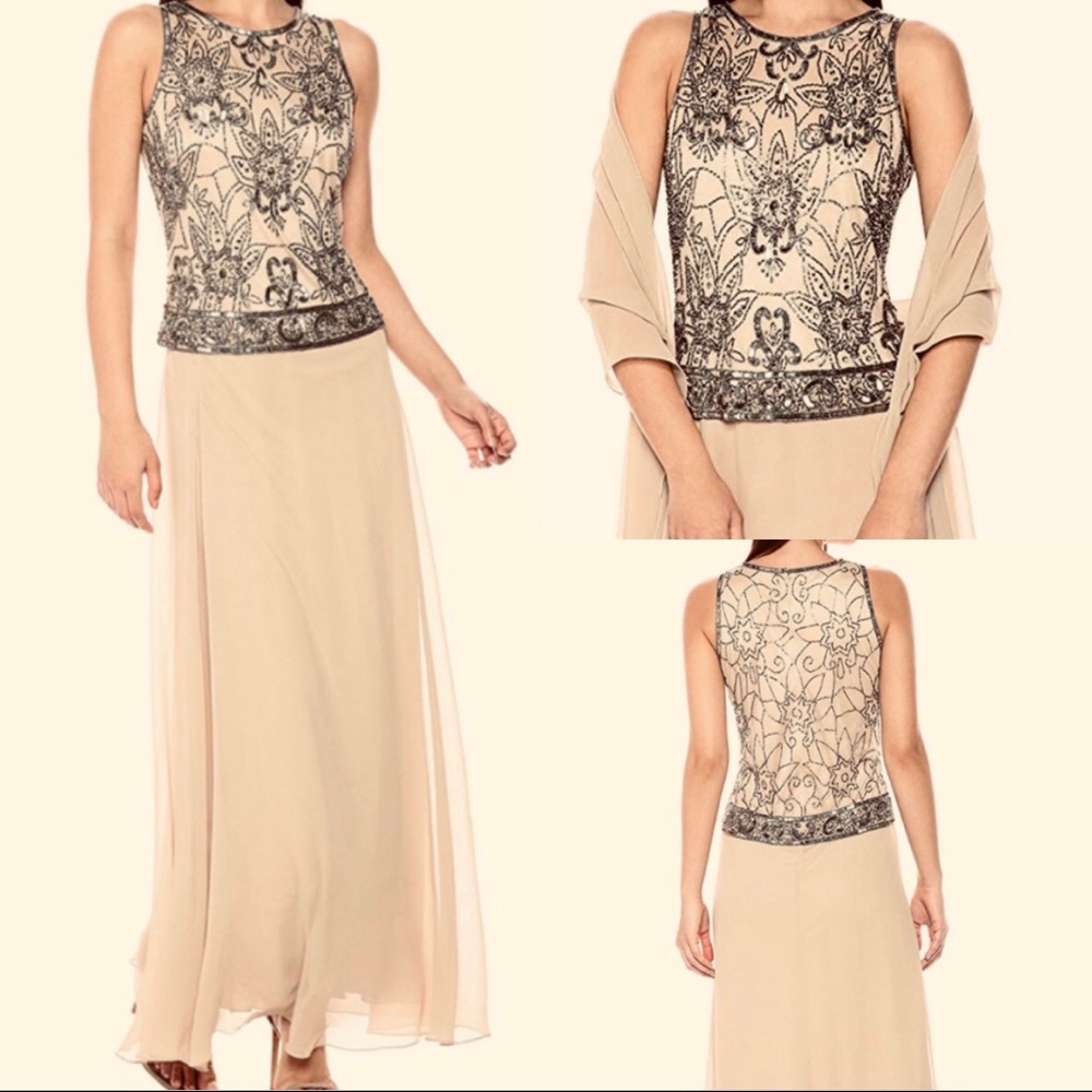 J Kara beaded antique gown with scarf/wrap